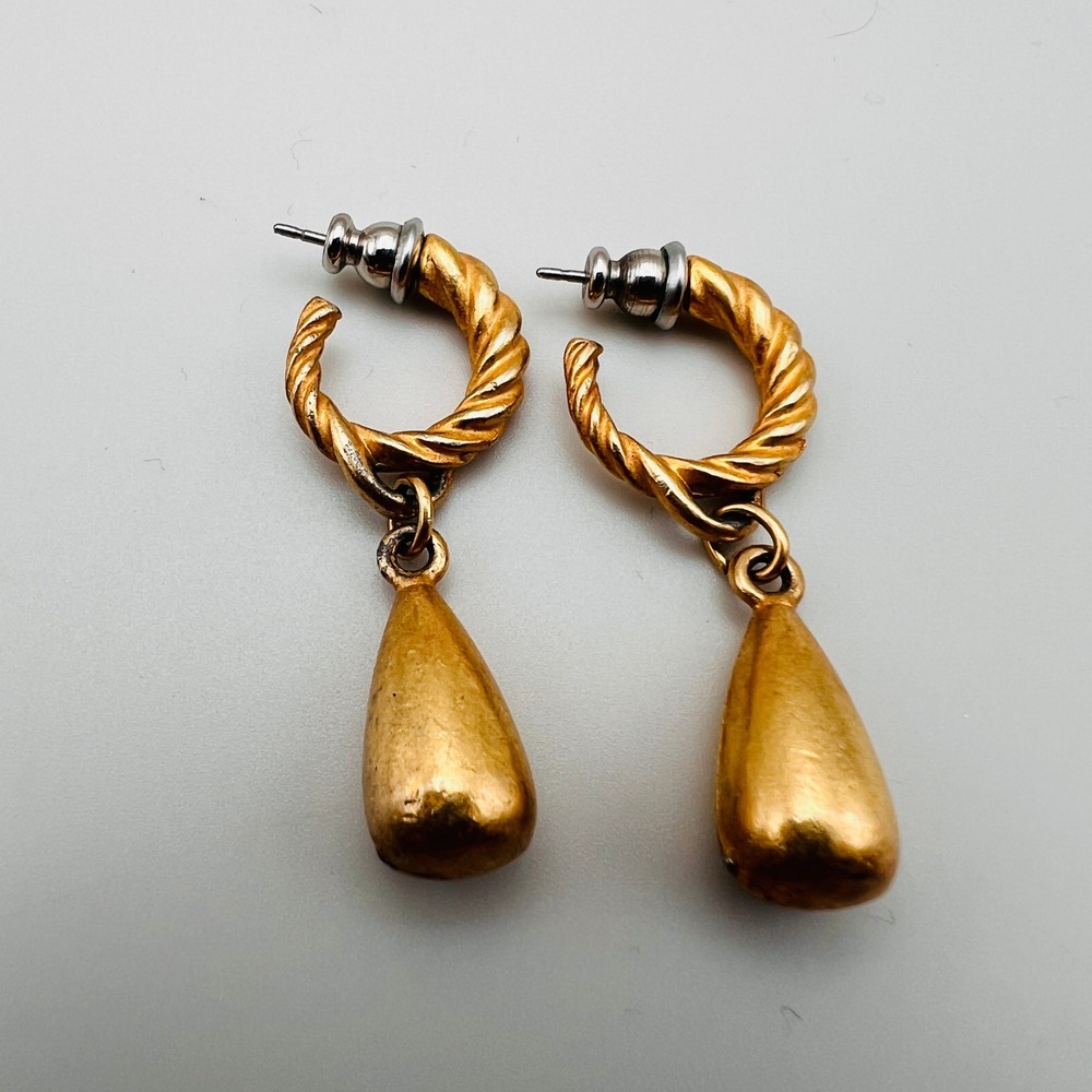 Vintage Twisted Rope Hoop Teardrop Dangle Earrings Post Back Gold Tone
